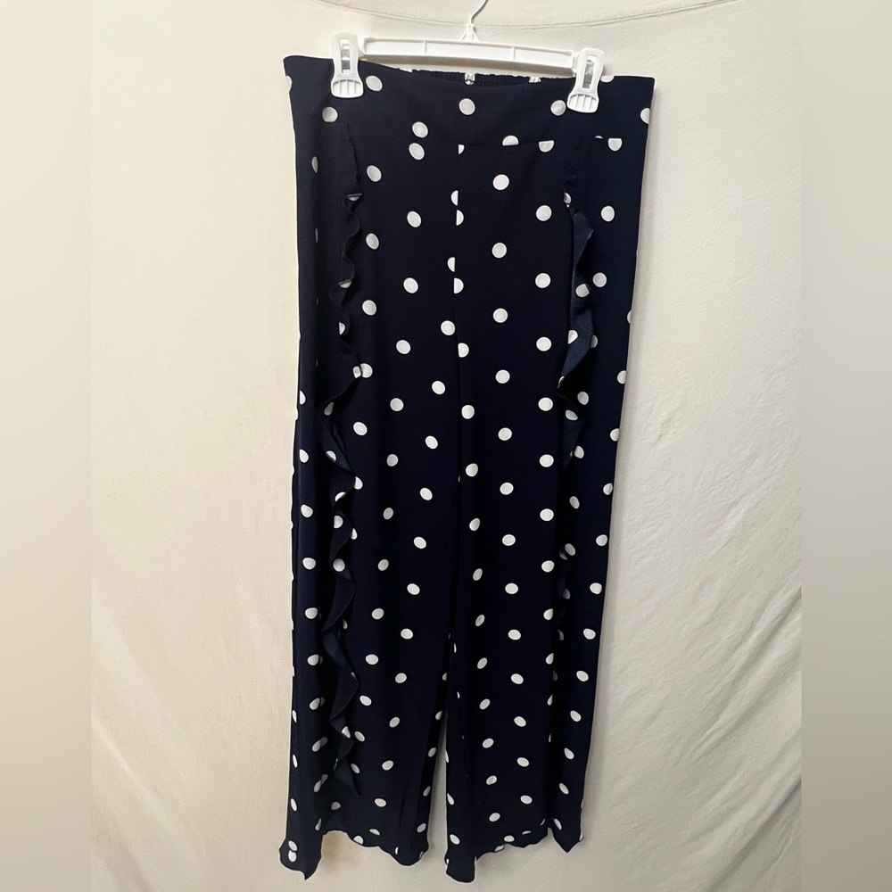 New York & Company Navy Polka Dot Palazzo Ruffle Pant Medium